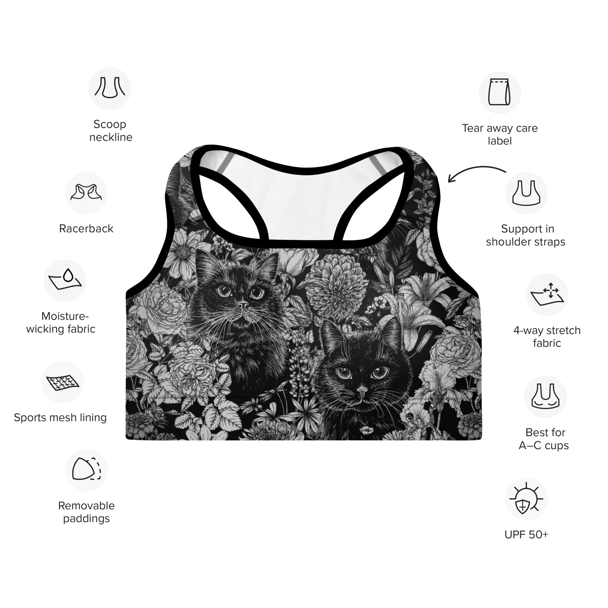 Black Cat Flowers Sports Bra